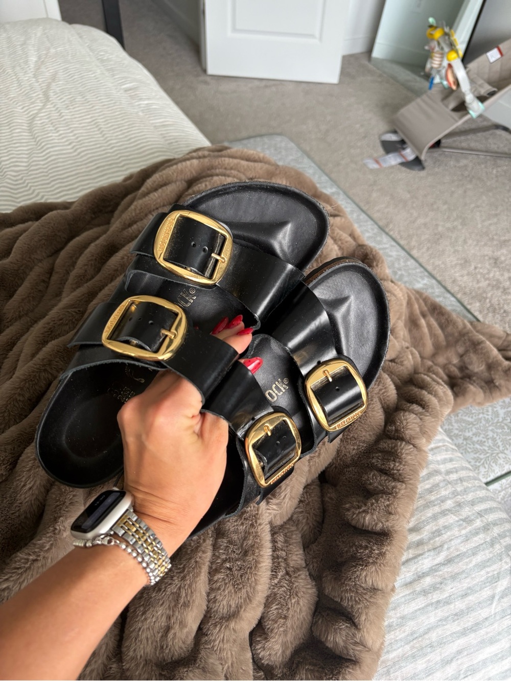 Birkenstock High Shine Black Arizona Big Buckle Sandal with Gold Buckles - Picture 3 of 4